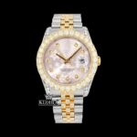Pink Floral Dial Diamond Markers Two Tone Iced Out Moissanite Watch