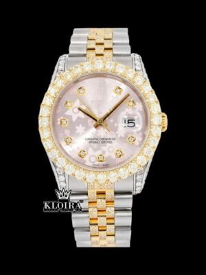 Pink Floral Dial Diamond Markers Two Tone Iced Out Moissanite Watch