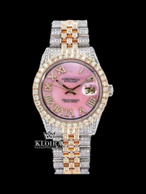 Pink Roman Dial Two Tone Iced Out Moissanite Watch