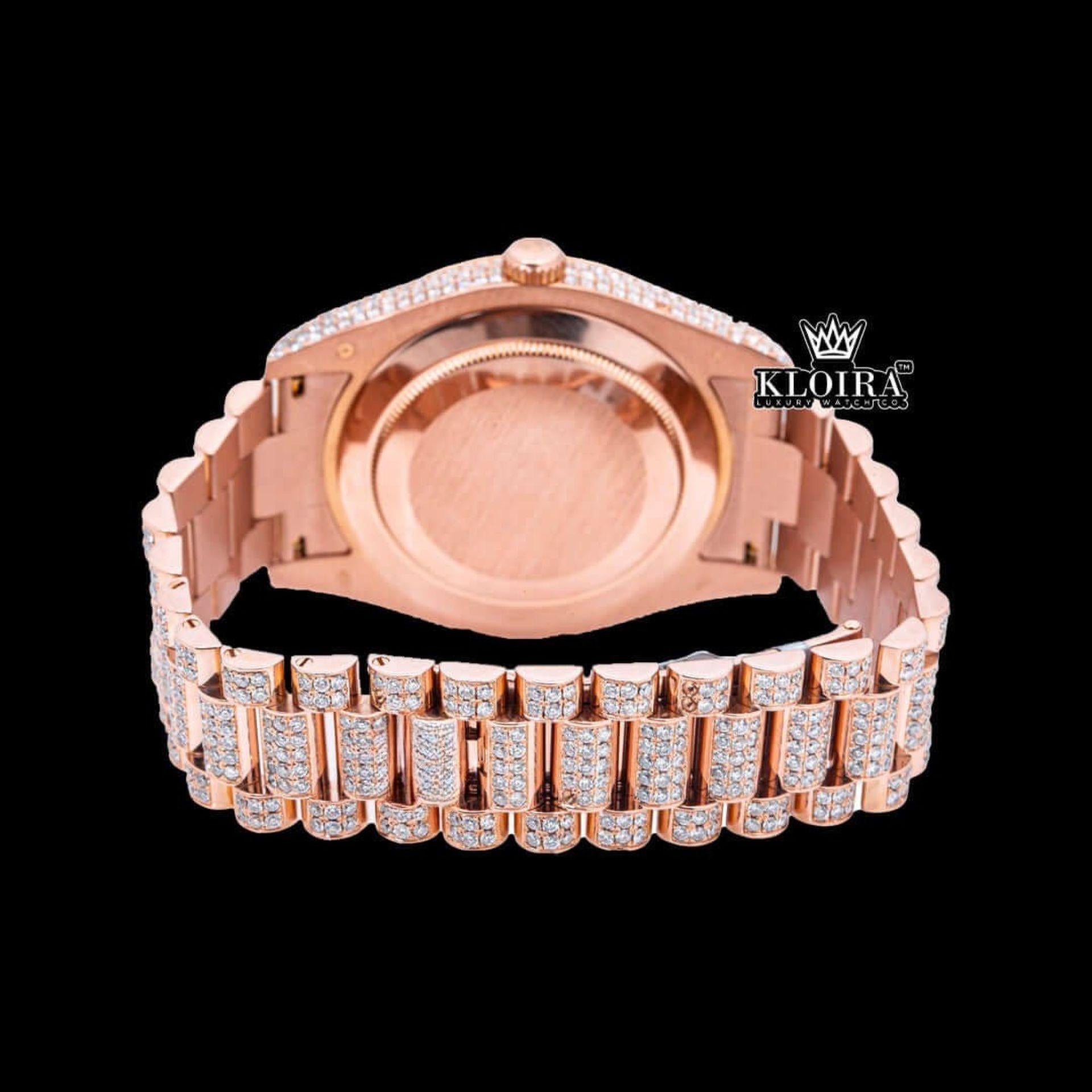 Purple Stick Markers Dial Day-Date Window Rose Gold Moissanite Watch Caseback View