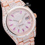 Purple Stick Markers Dial Day-Date Window Rose Gold Moissanite Watch Close Up Dial View
