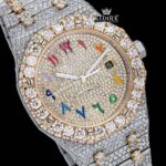 Rainbow Arabic Dial Two Tone Iced Out Moissanite Diamond Watch Close Up Dial View