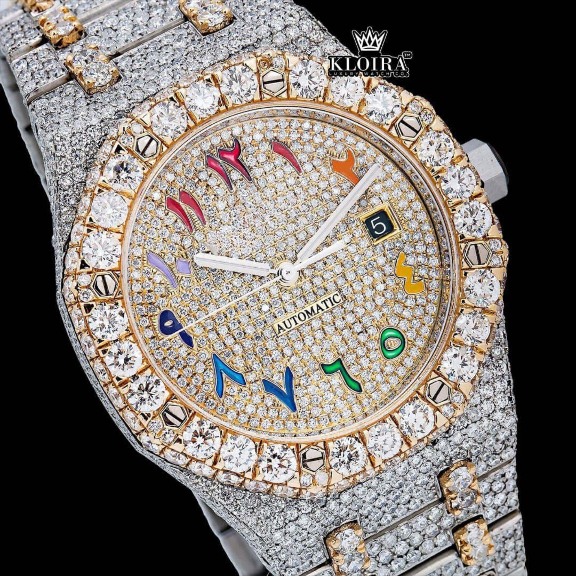 Rainbow Arabic Dial Two Tone Iced Out Moissanite Diamond Watch Close Up Dial View
