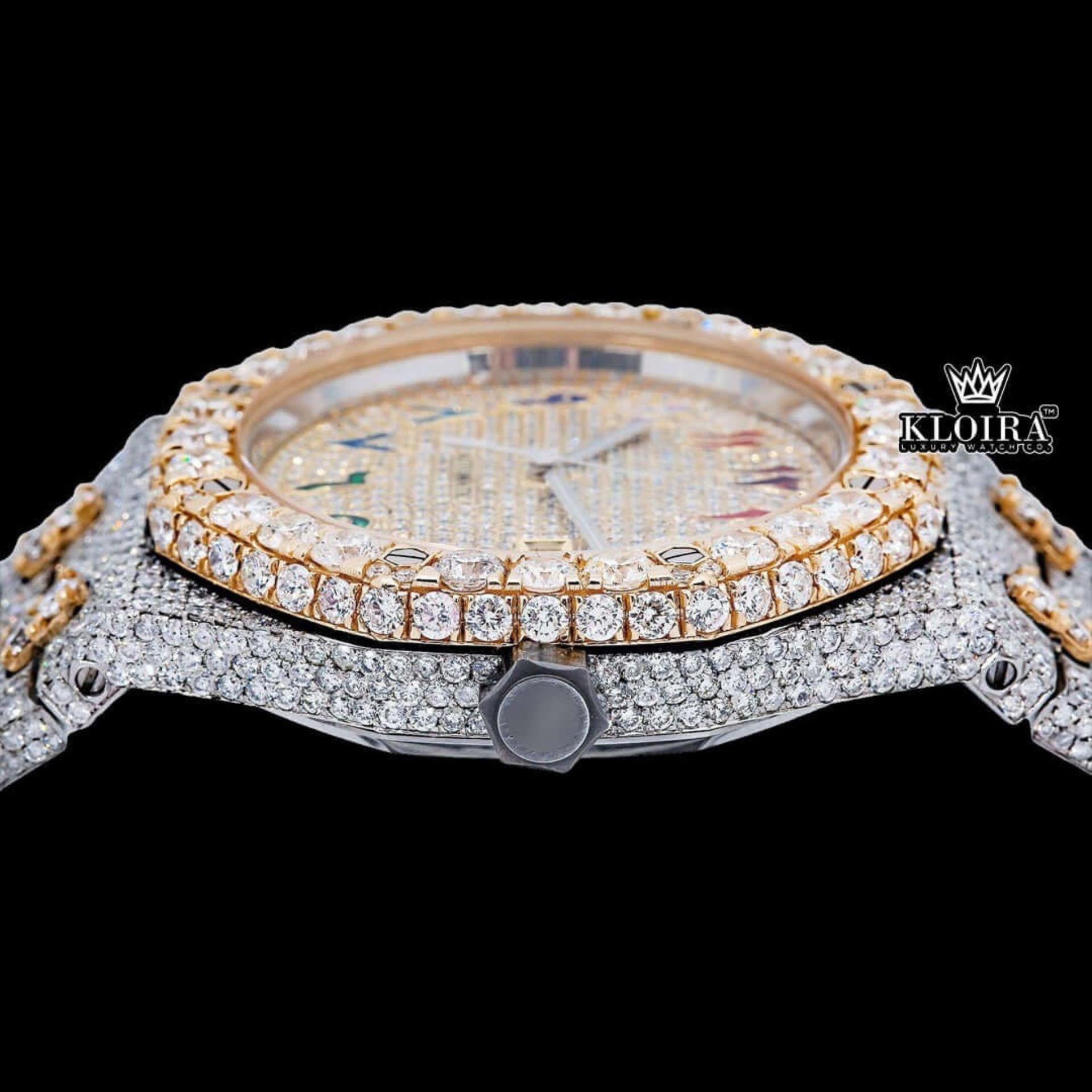 Rainbow Arabic Dial Two Tone Iced Out Moissanite Diamond Watch Crown View