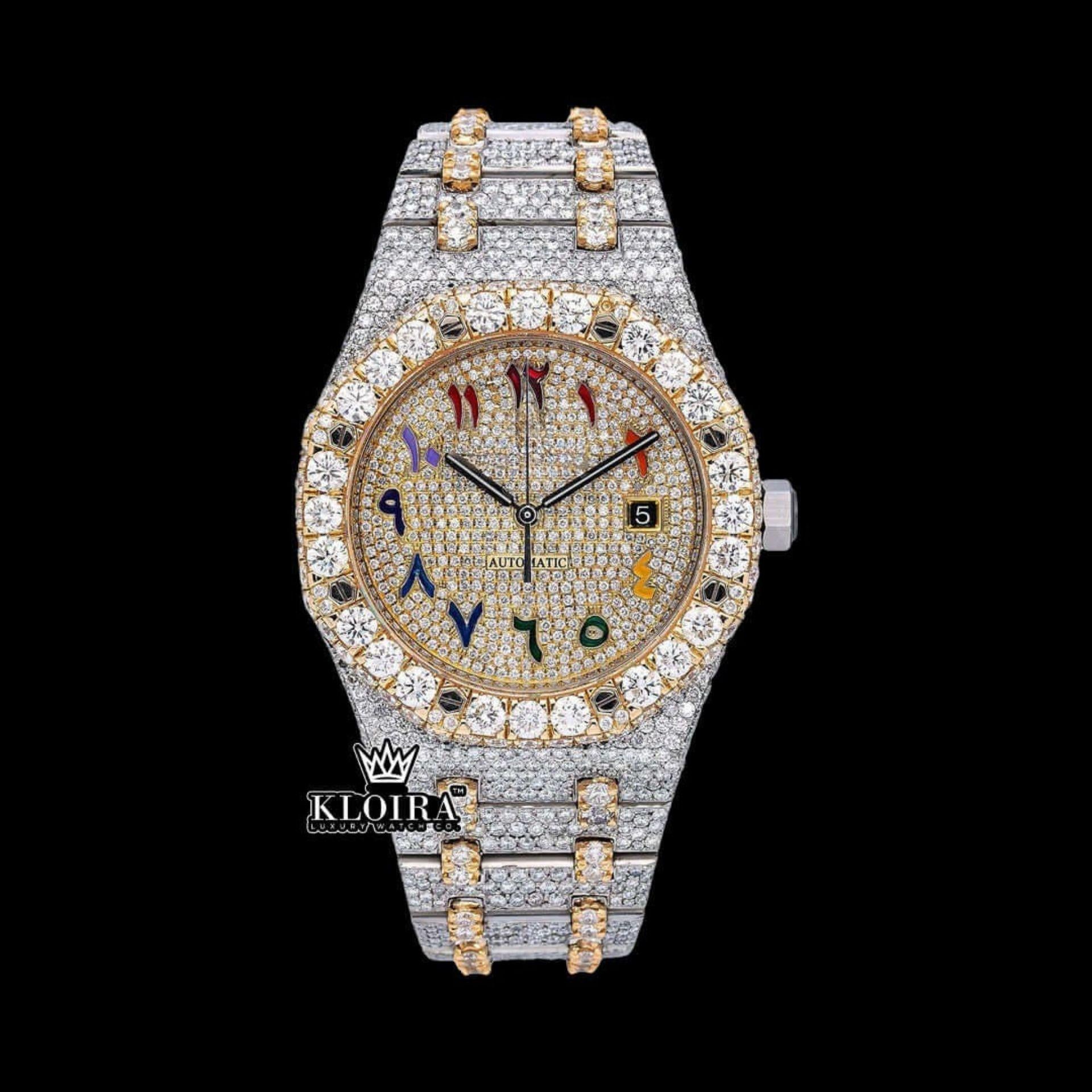 Rainbow Arabic Dial Two Tone Iced Out Moissanite Diamond Watch Front View
