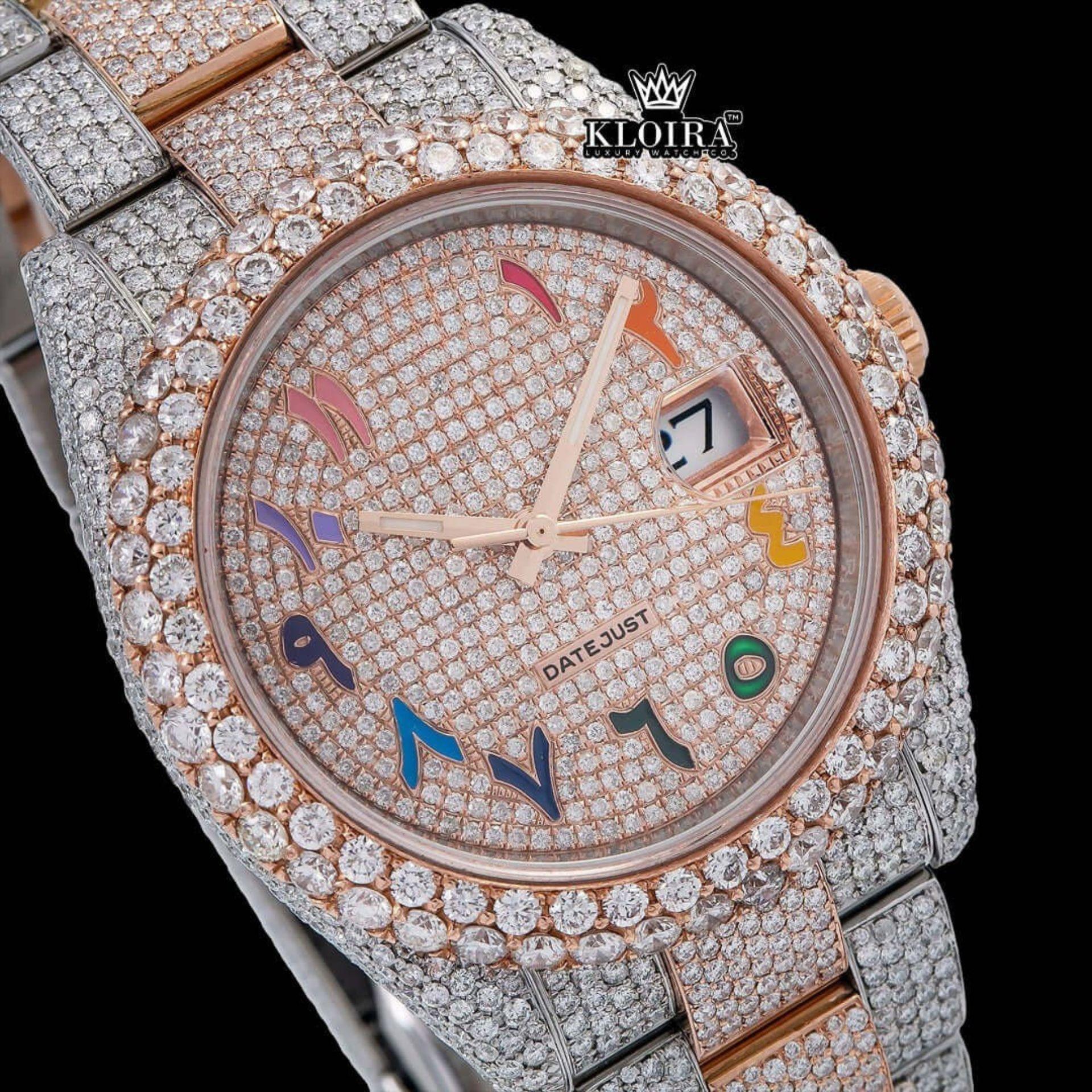 Rainbow Arabic Numerals Dial Date Display Two Toane Moissanite Watch Close Up Dial View