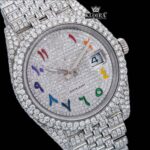 Rainbow Arabic Numerals Dial Full Iced Out Royal Link Strap Moissanite Watch Close Up Dial View