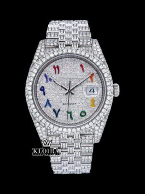 Rainbow Arabic Numerals Dial Full Iced Out Royal Link Strap Moissanite Watch