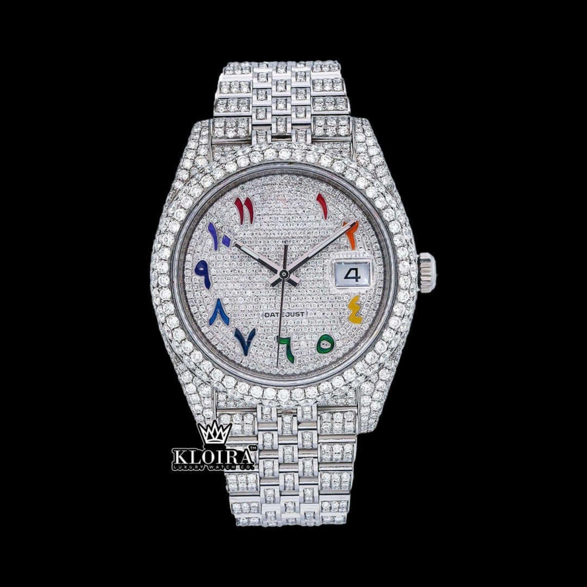 Rainbow Arabic Numerals Dial Full Iced Out Royal Link Strap Moissanite Watch Front View