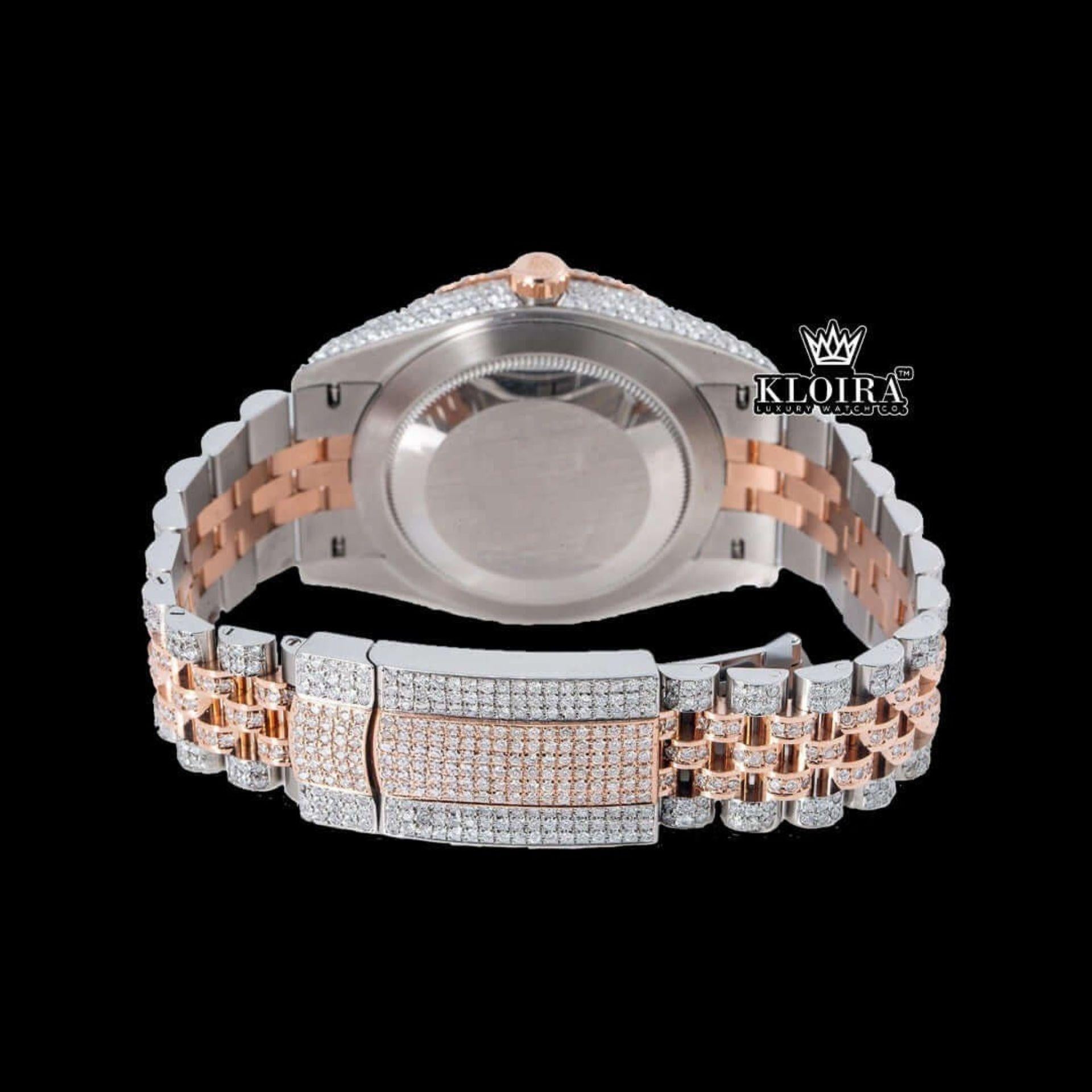 Rainbow Arabic Numerals Dial Two Tone Rose Gold Moissanite Watch Caseback View