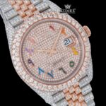 Rainbow Arabic Numerals Dial Two Tone Rose Gold Moissanite Watch Close Up Dial View