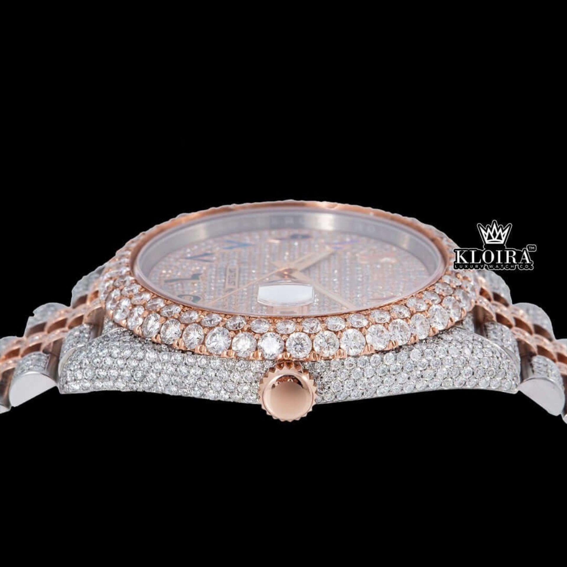 Rainbow Arabic Numerals Dial Two Tone Rose Gold Moissanite Watch Crown View