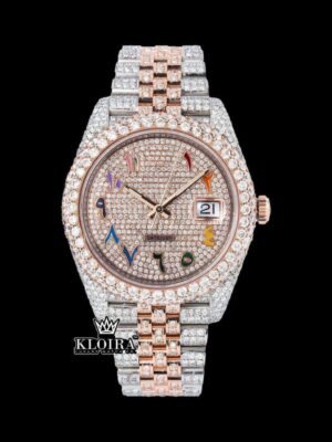 Rainbow Arabic Numerals Dial Two Tone Rose Gold Moissanite Watch