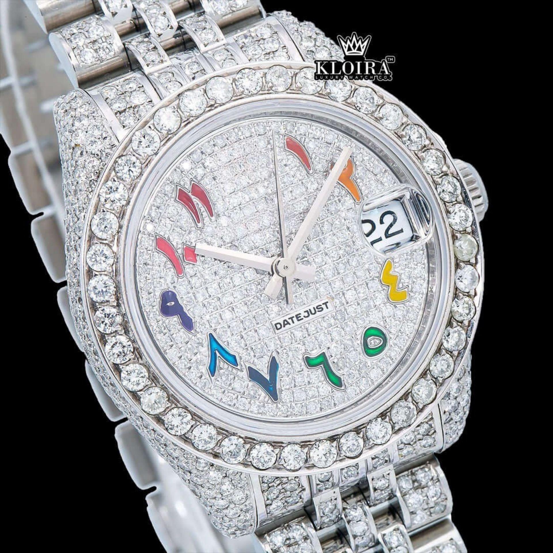 Rainbow Arabic Numerals White Dial Iced Out Moissanite Diamond Watch Close Up Dial View