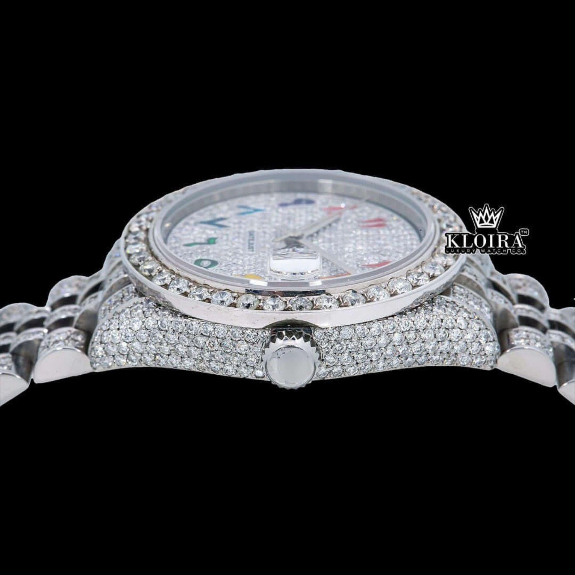 Rainbow Arabic Numerals White Dial Iced Out Moissanite Diamond Watch Crown View