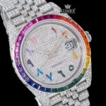 Rainbow Bezel Arabic Numerals Iced Out Moissanite Diamond Watch Close Up Dial View