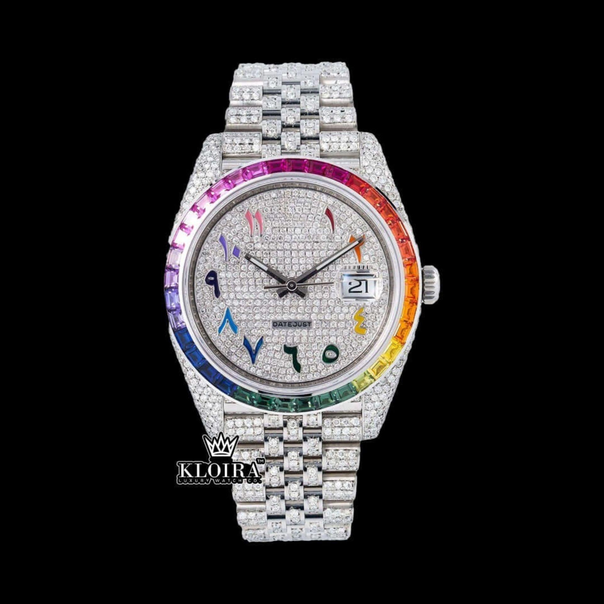 Rainbow Bezel Arabic Numerals Iced Out Moissanite Diamond Watch Front View