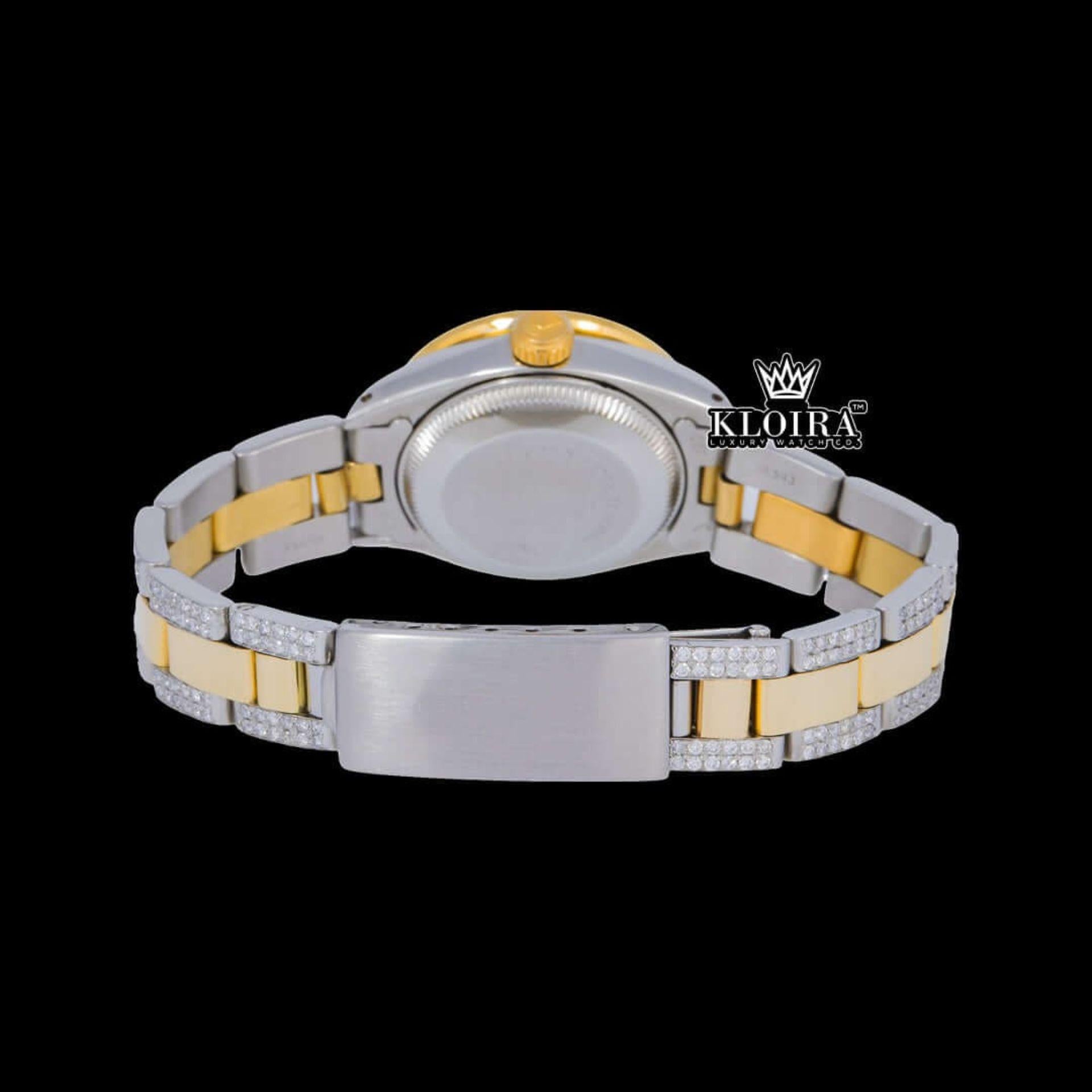 Rainbow Bezel Blue Dial Diamond Markers Two Tone Moissanite Watch Caseback View