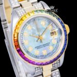 Rainbow Bezel Blue Dial Diamond Markers Two Tone Moissanite Watch Close Up Dial View