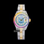 Rainbow Bezel Blue Dial Diamond Markers Two Tone Moissanite Watch