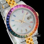 Rainbow Bezel Diamond Markers Two Tone Moissanite Watch Close Up Dial View