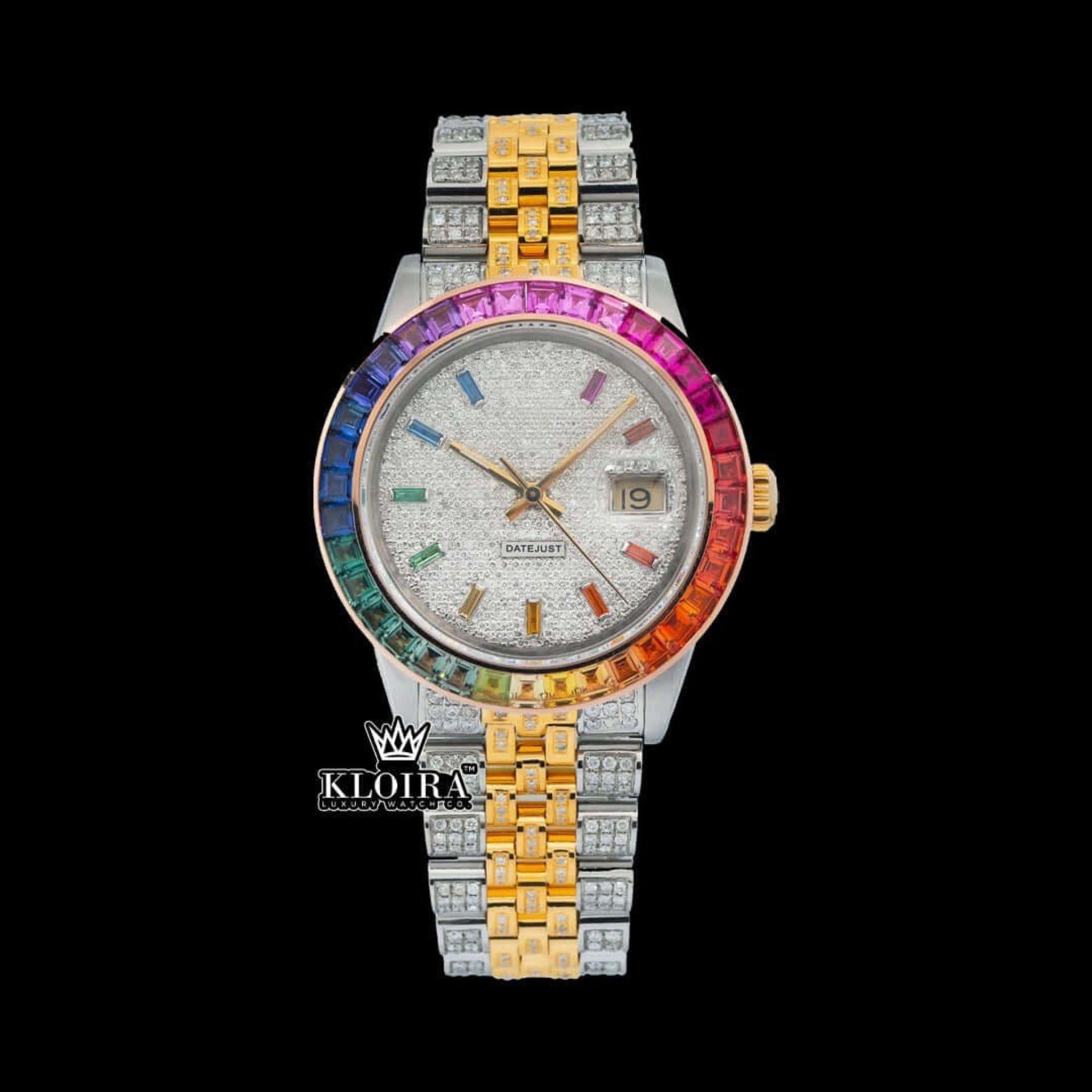 Rainbow Bezel Diamond Markers Two Tone Moissanite Watch Front View