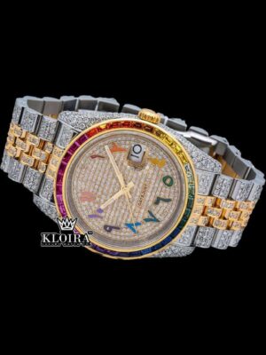 Rainbow Bezel Yellow Dial Rainbow Arabic Numerals Moissanite Diamond Watch