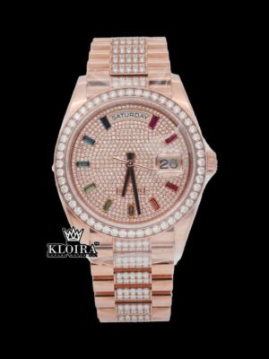 Rainbow Markers Dial Day Date Display Rose Gold Moissanite Watch