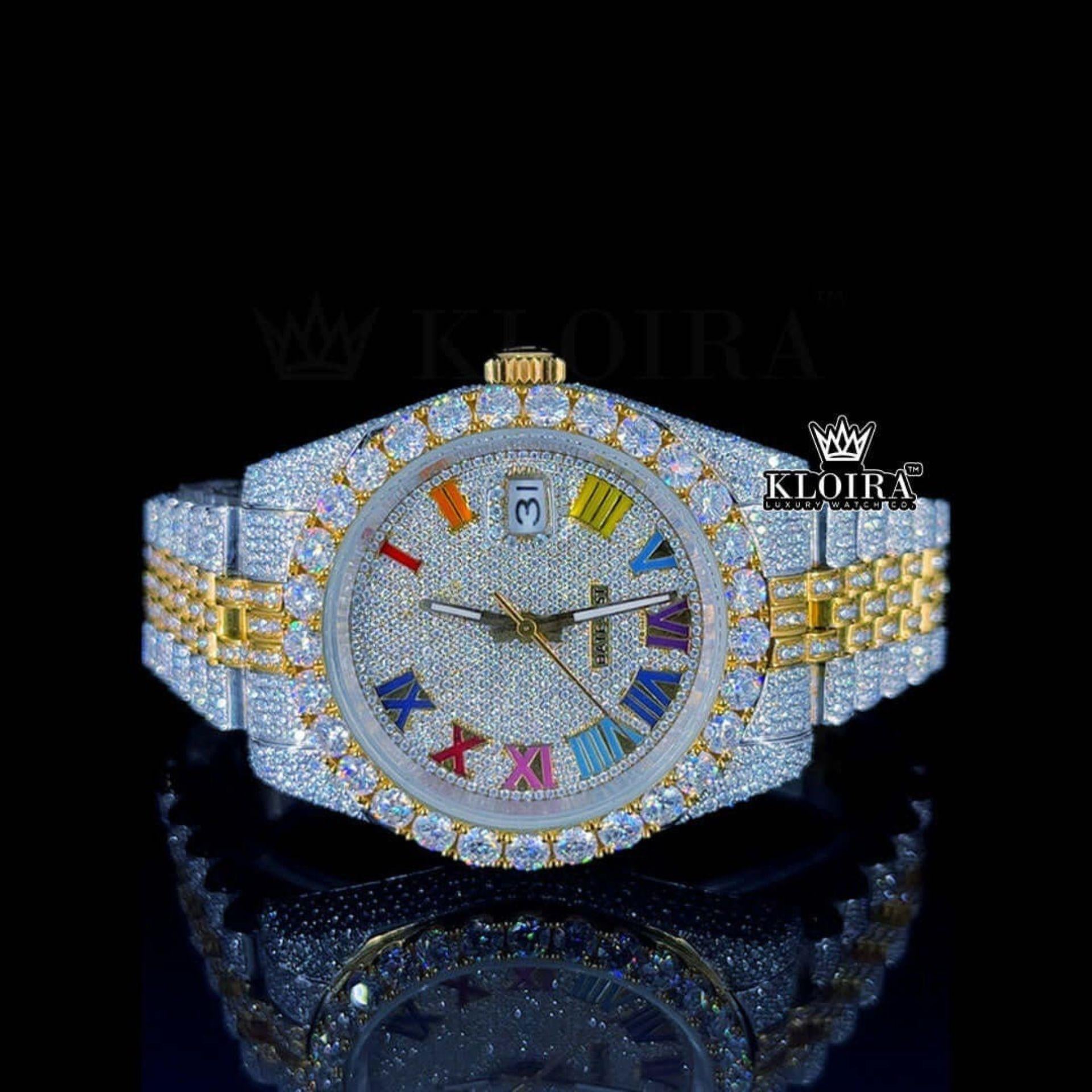 Rainbow Roman Dial Two Tone Iced Out Yellow Gold Moissanite Watch Front View
