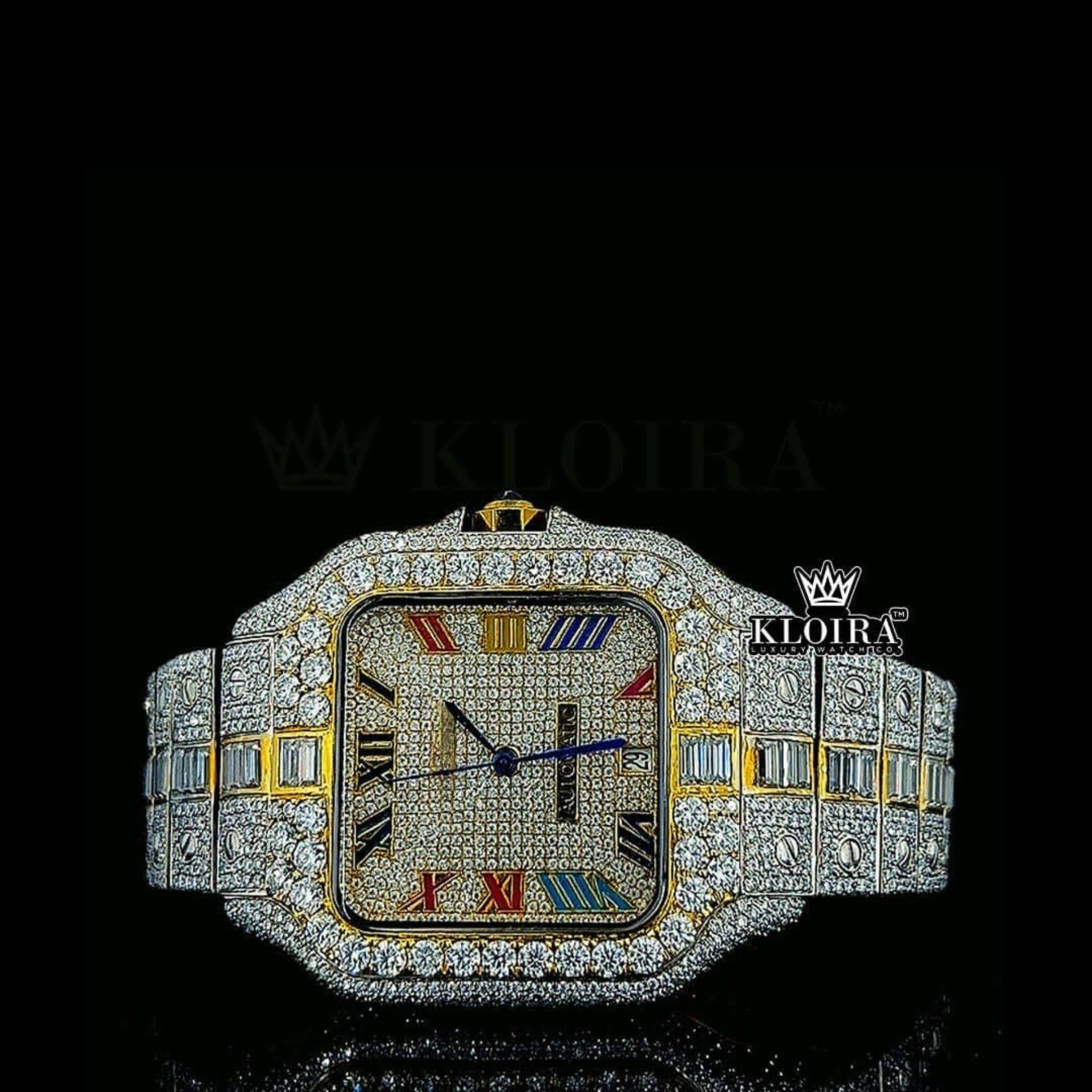 Rainbow Roman Numerals Yellow Dial Two Tone Moissanite Watch Front View
