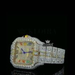 Rainbow Roman Numerals Yellow Dial Two Tone Moissanite Watch Left Profile View