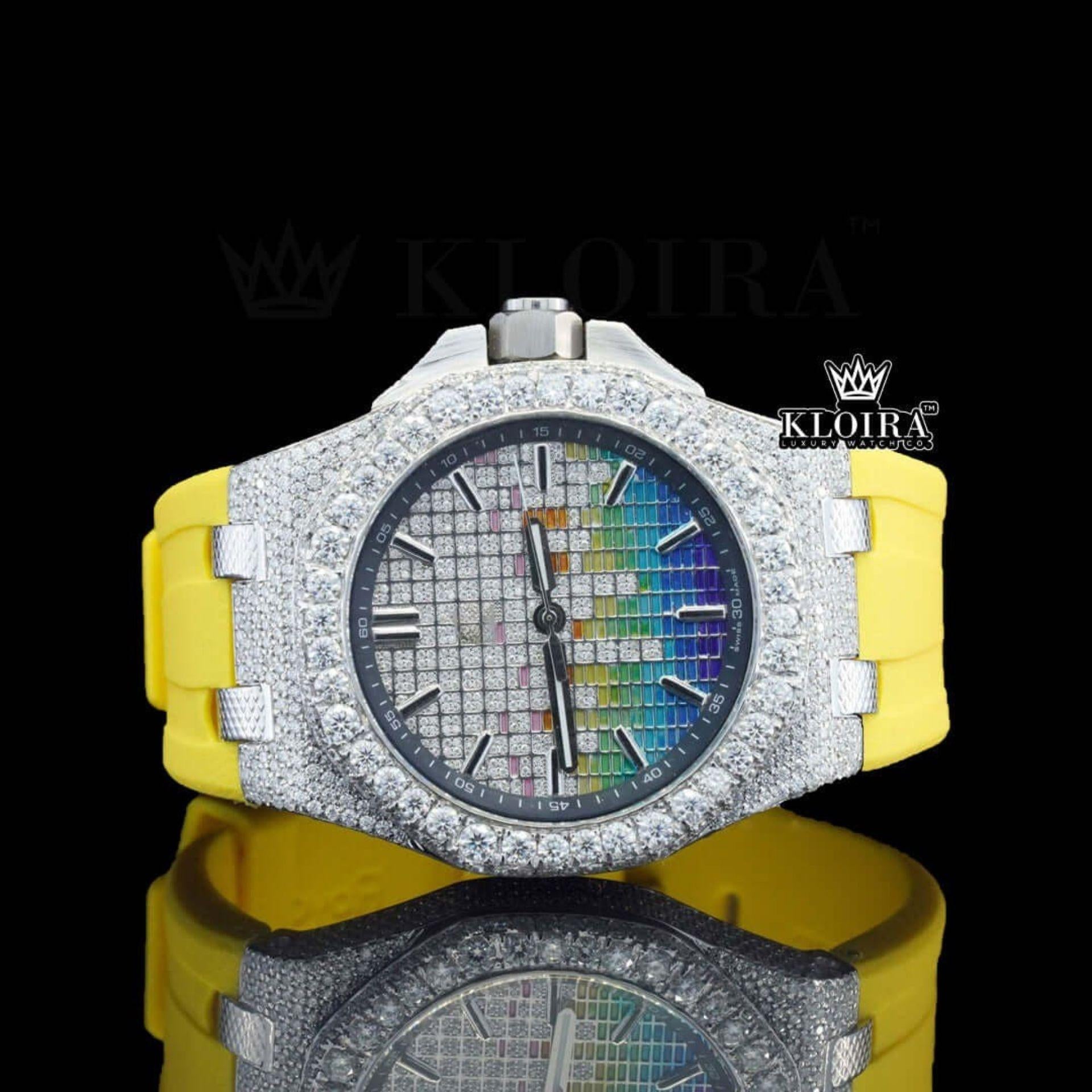 Rainbow Soundwave Dial Yellow Rubber Strap Semi Iced Out Moissanite Watch Front View