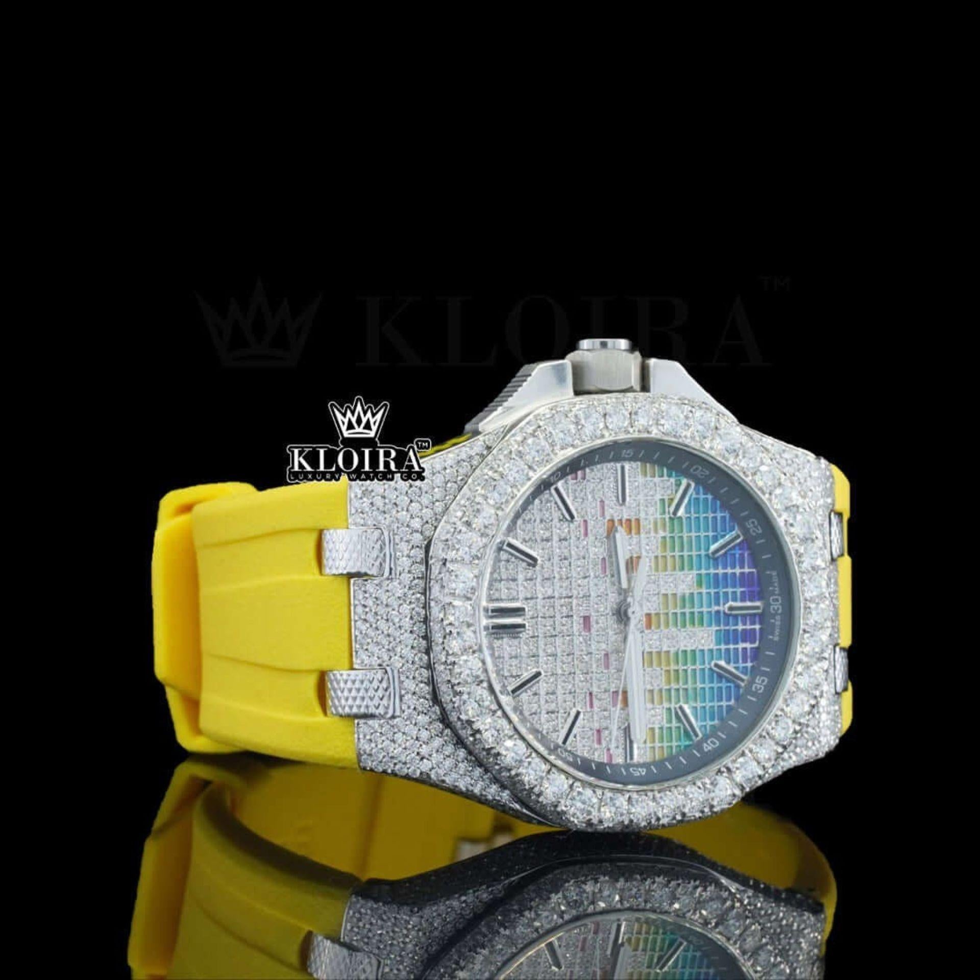 Rainbow Soundwave Dial Yellow Rubber Strap Semi Iced Out Moissanite Watch Right Profile View
