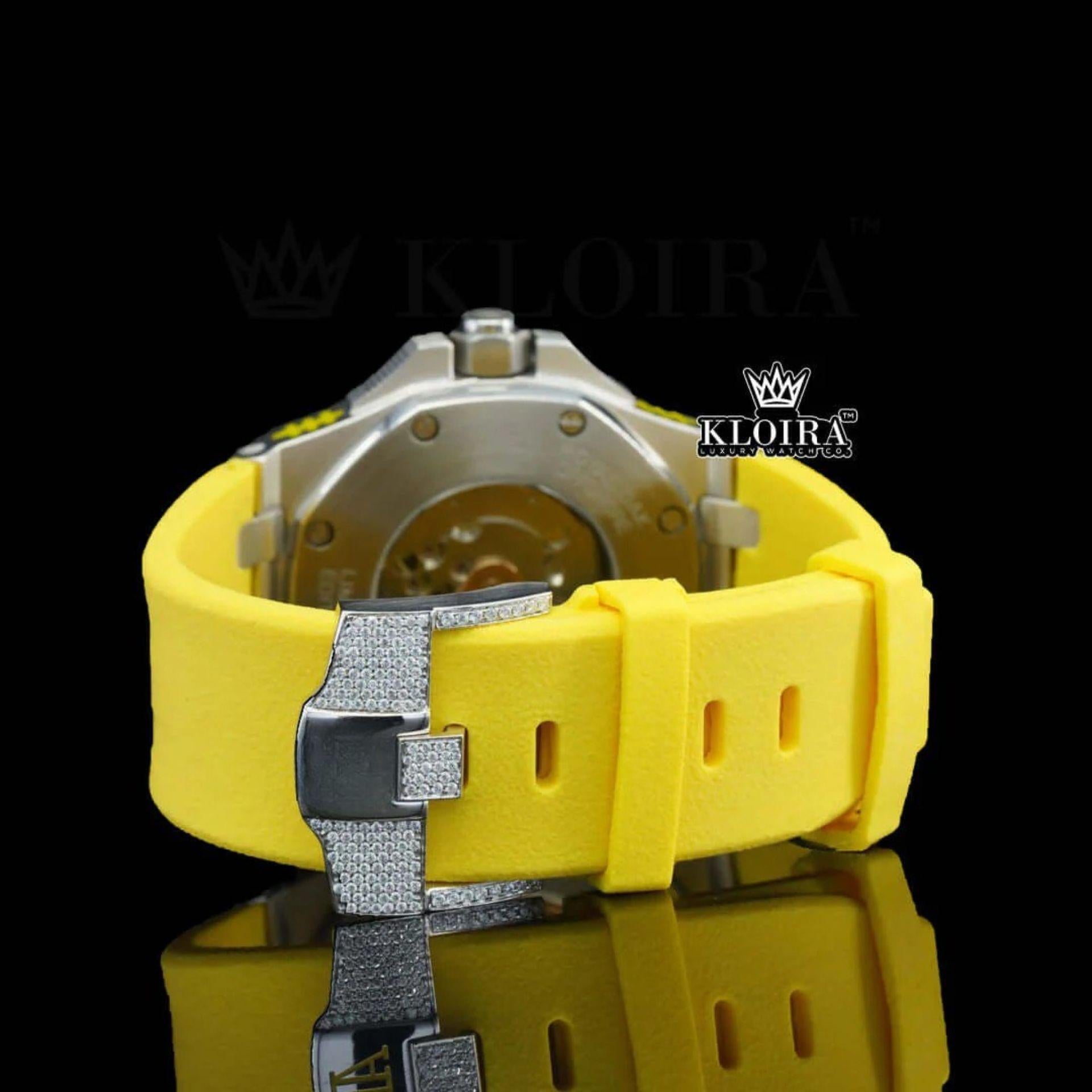Rainbow Soundwave Dial Yellow Rubber Strap Semi Iced Out Moissanite Watch Strap View