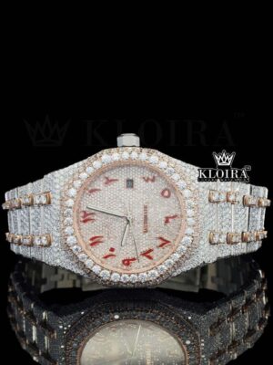 Red Arabic Dial Two Tone Fully Iced Out Moissanite Diamond Watch