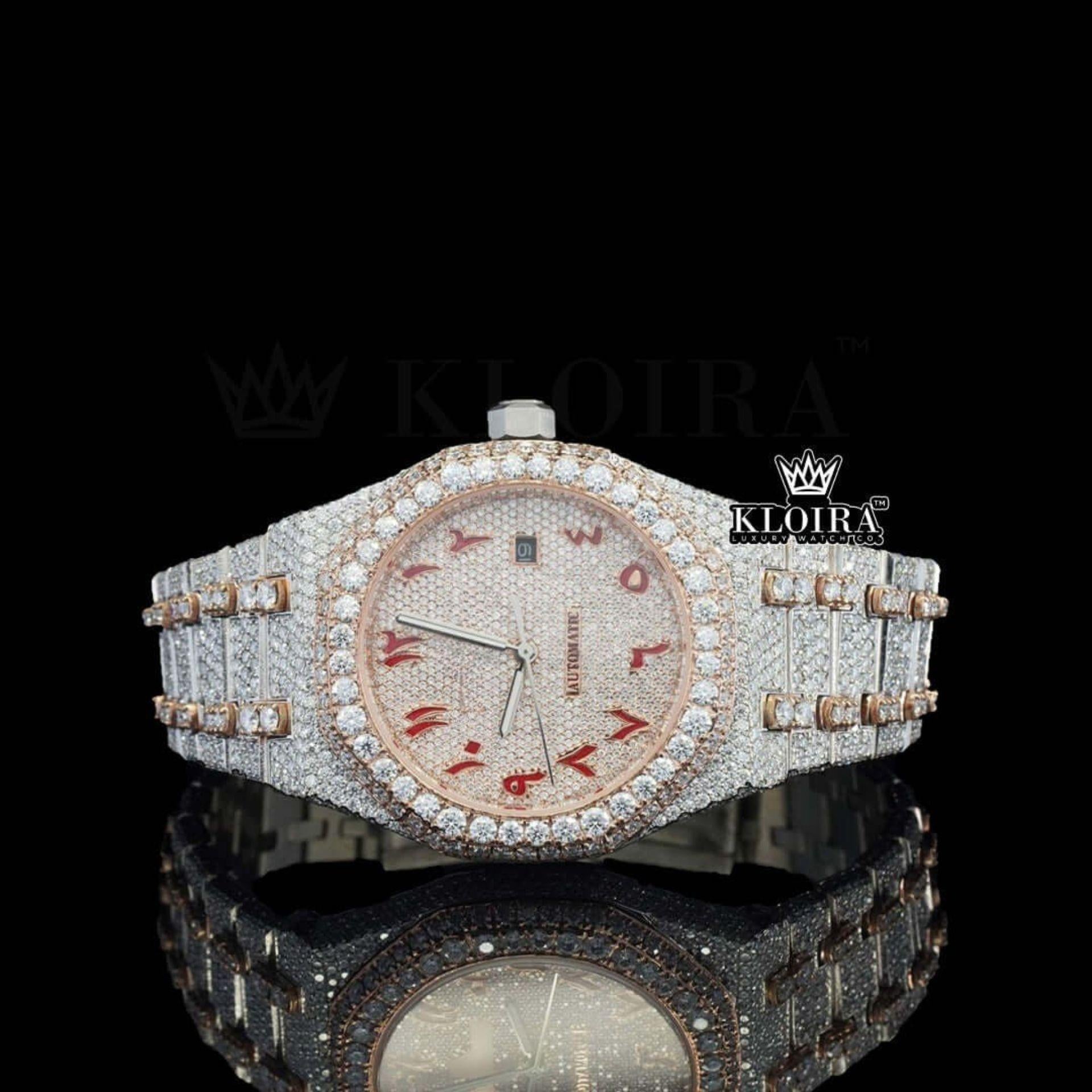 Red Arabic Dial Two Tone Fully Iced Out Moissanite Diamond Watch Close Up Front View