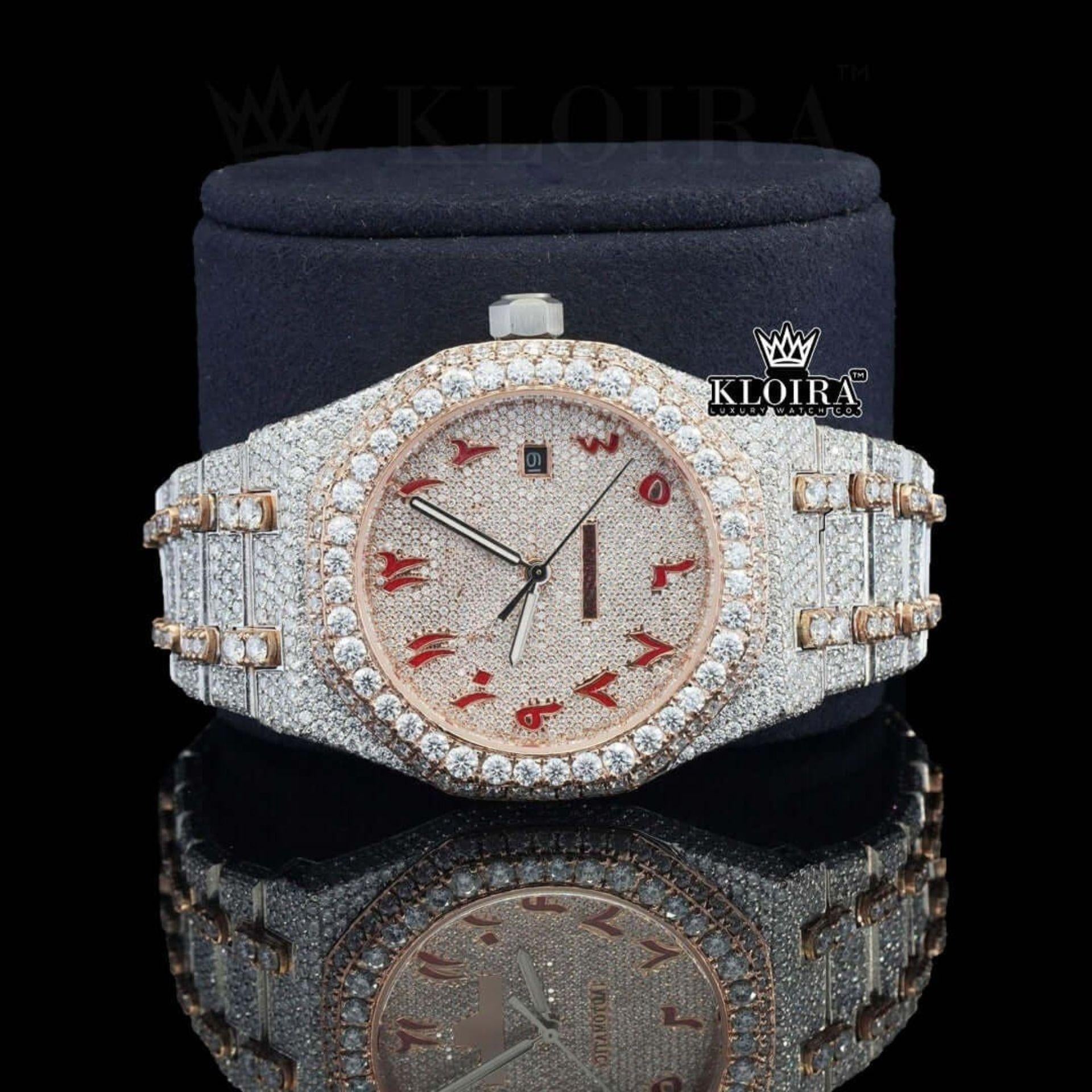 Red Arabic Dial Two Tone Fully Iced Out Moissanite Diamond Watch Front View