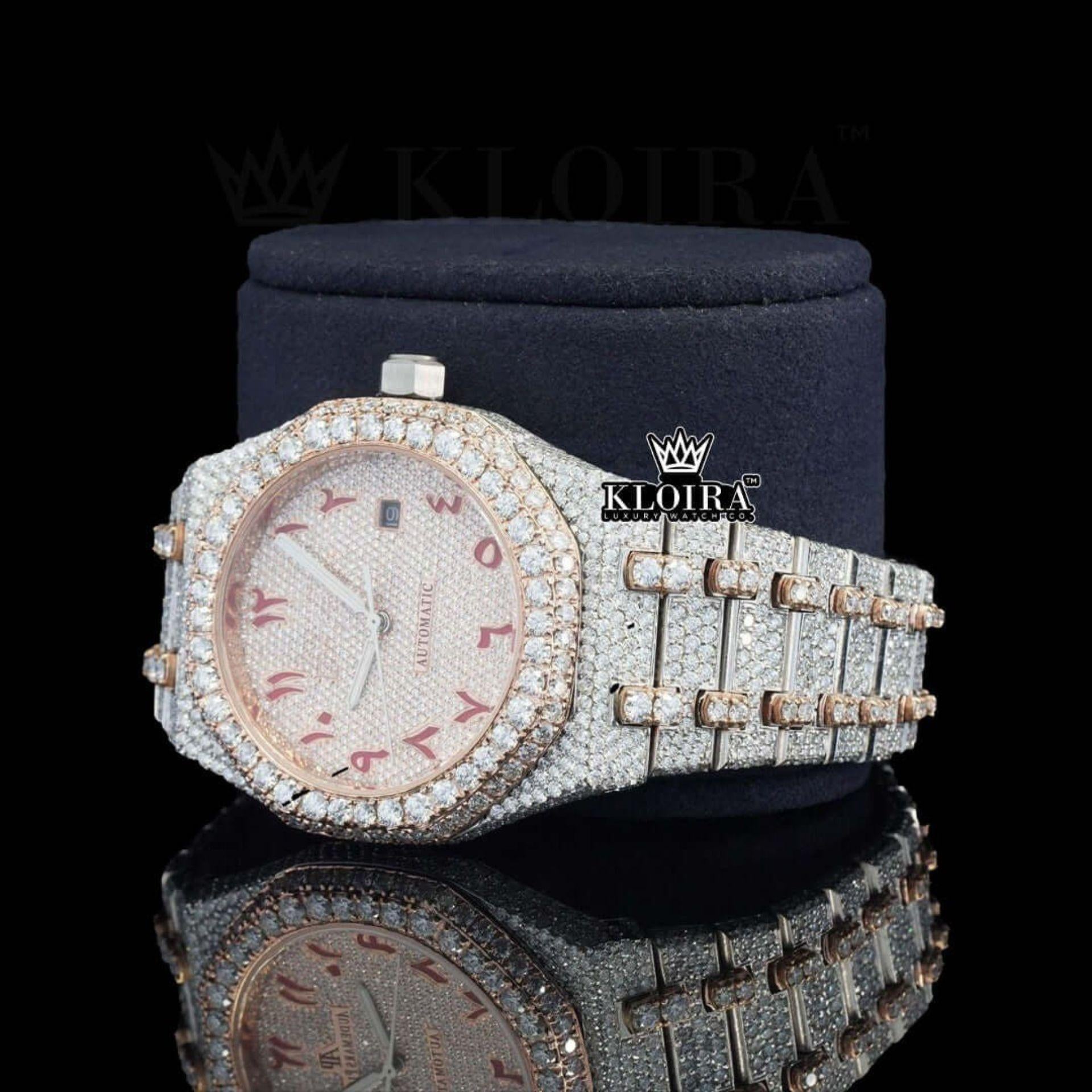 Red Arabic Dial Two Tone Fully Iced Out Moissanite Diamond Watch Left Profile View