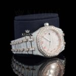 Red Arabic Dial Two Tone Fully Iced Out Moissanite Diamond Watch Right Profile View
