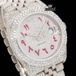 Red Arabic Numerals Fully Iced Out Moissanite Diamond Watch Close Up Dial View