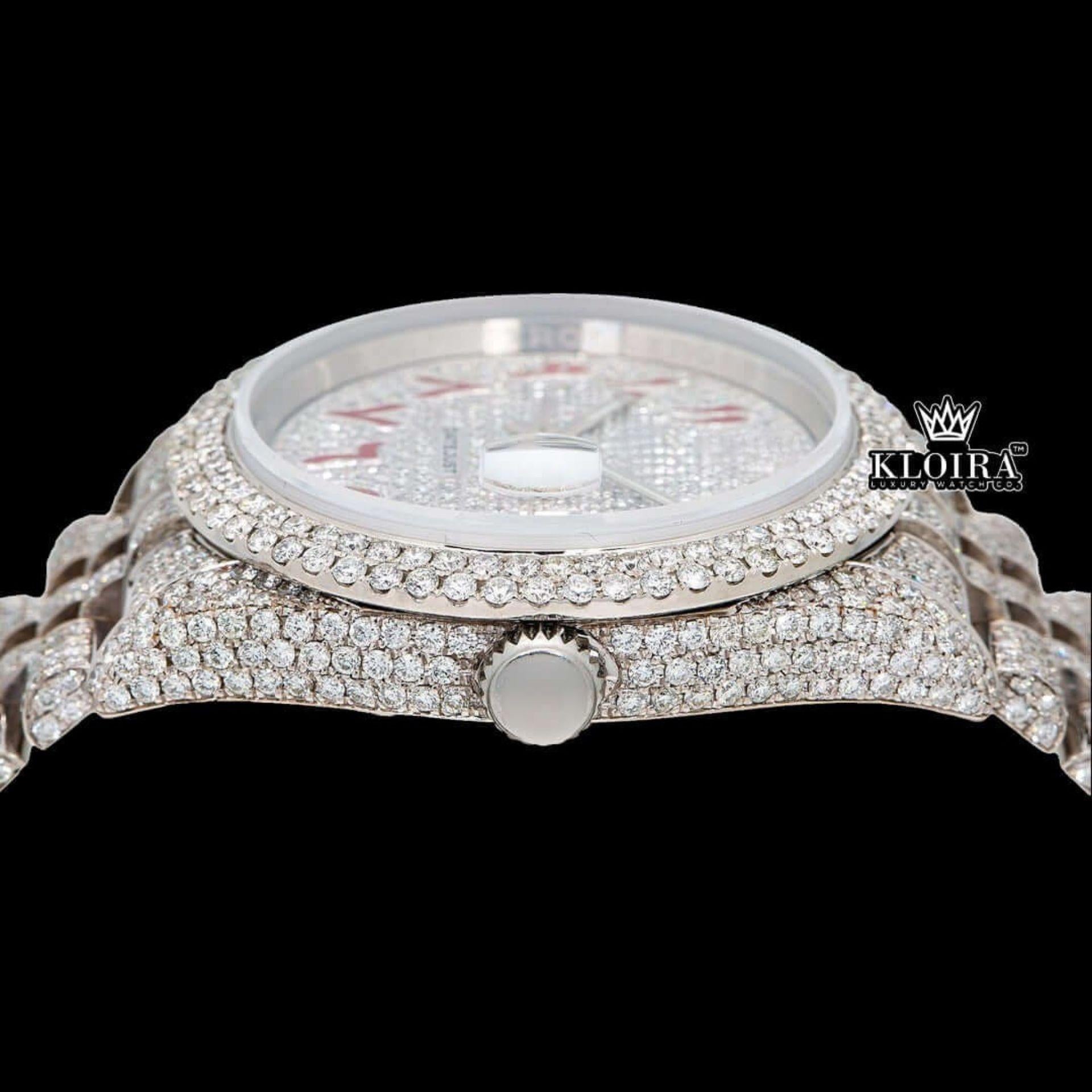 Red Arabic Numerals Fully Iced Out Moissanite Diamond Watch Crown View