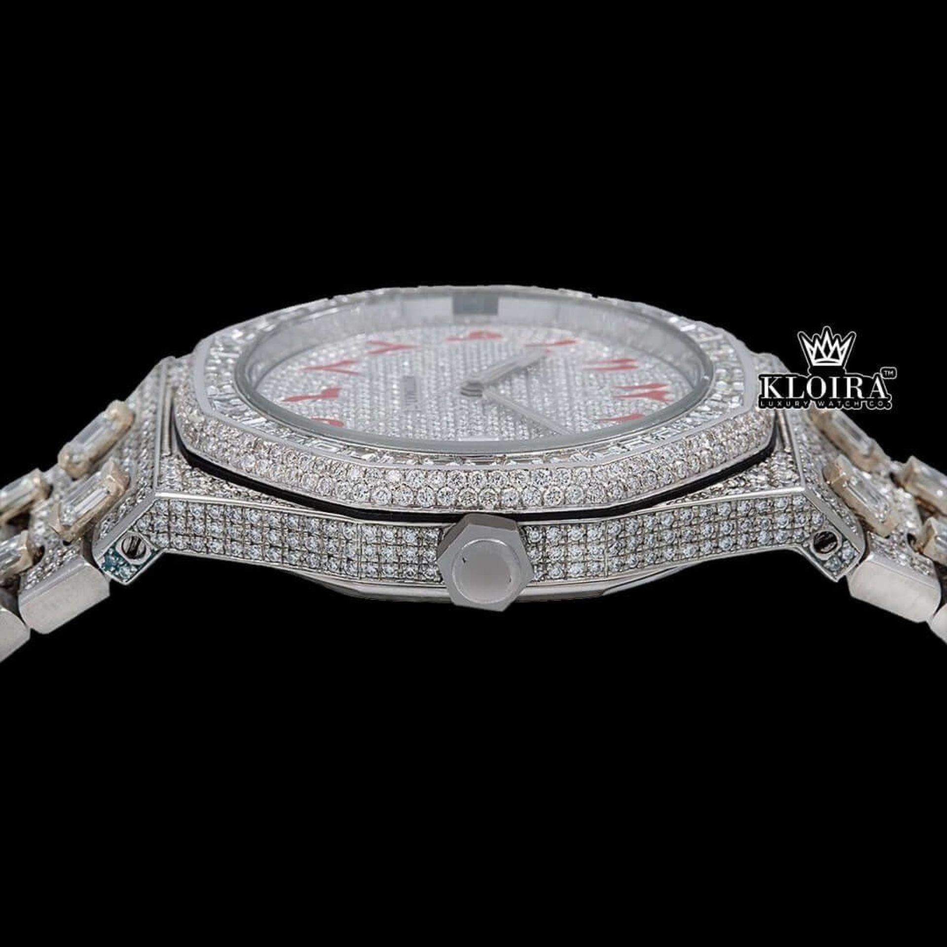 Red Arabic Numerals White Dial Bust Down Moissanite Diamond Watch Crown View