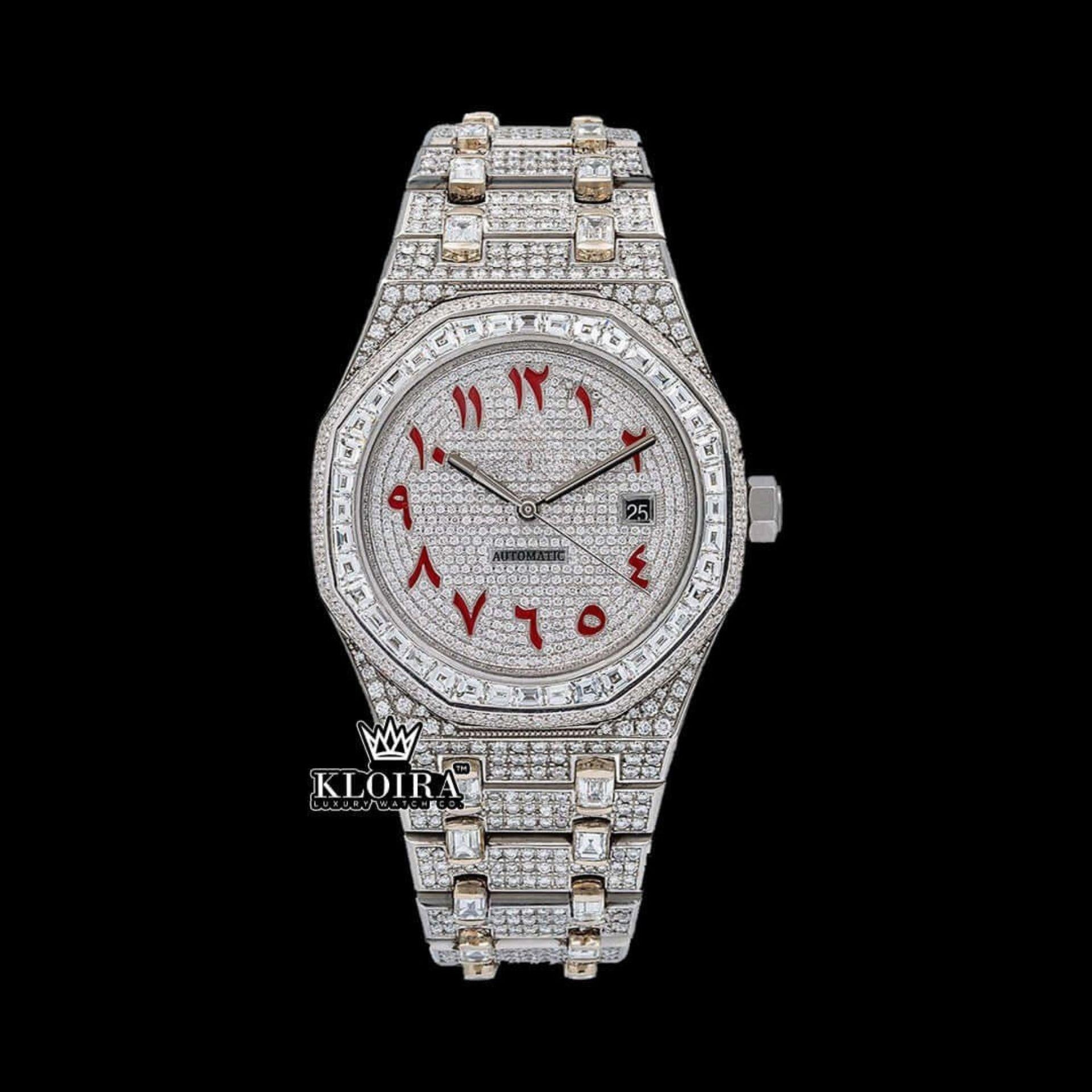 Red Arabic Numerals White Dial Bust Down Moissanite Diamond Watch Front View