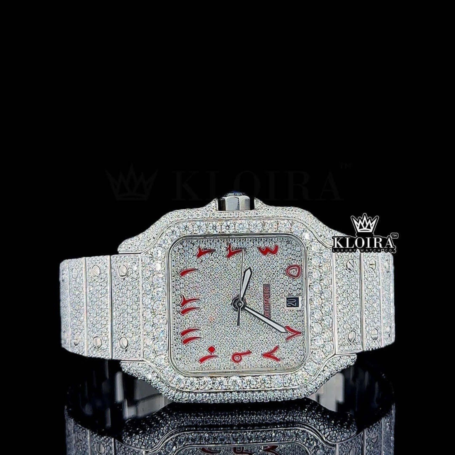 Red Arabic Numerals White Dial Full Iced Out Moissanite Watch Front View