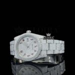 Red Arabic Numerals White Dial Fully Bust Down Moissanite Diamond Watch Left Profile View