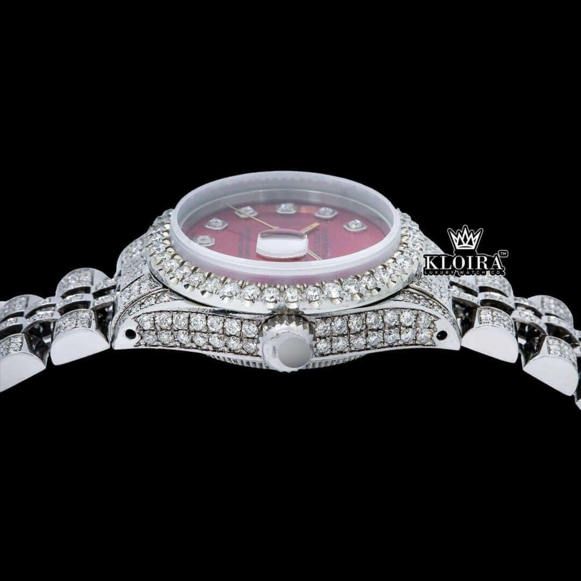 Red Dial Diamond Markers Bust Down Moissanite Diamond Watch Crown View