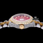 Red Dial Diamond Markers Yellow Gold Two Tone Moissanite Diamond Watch Crown View