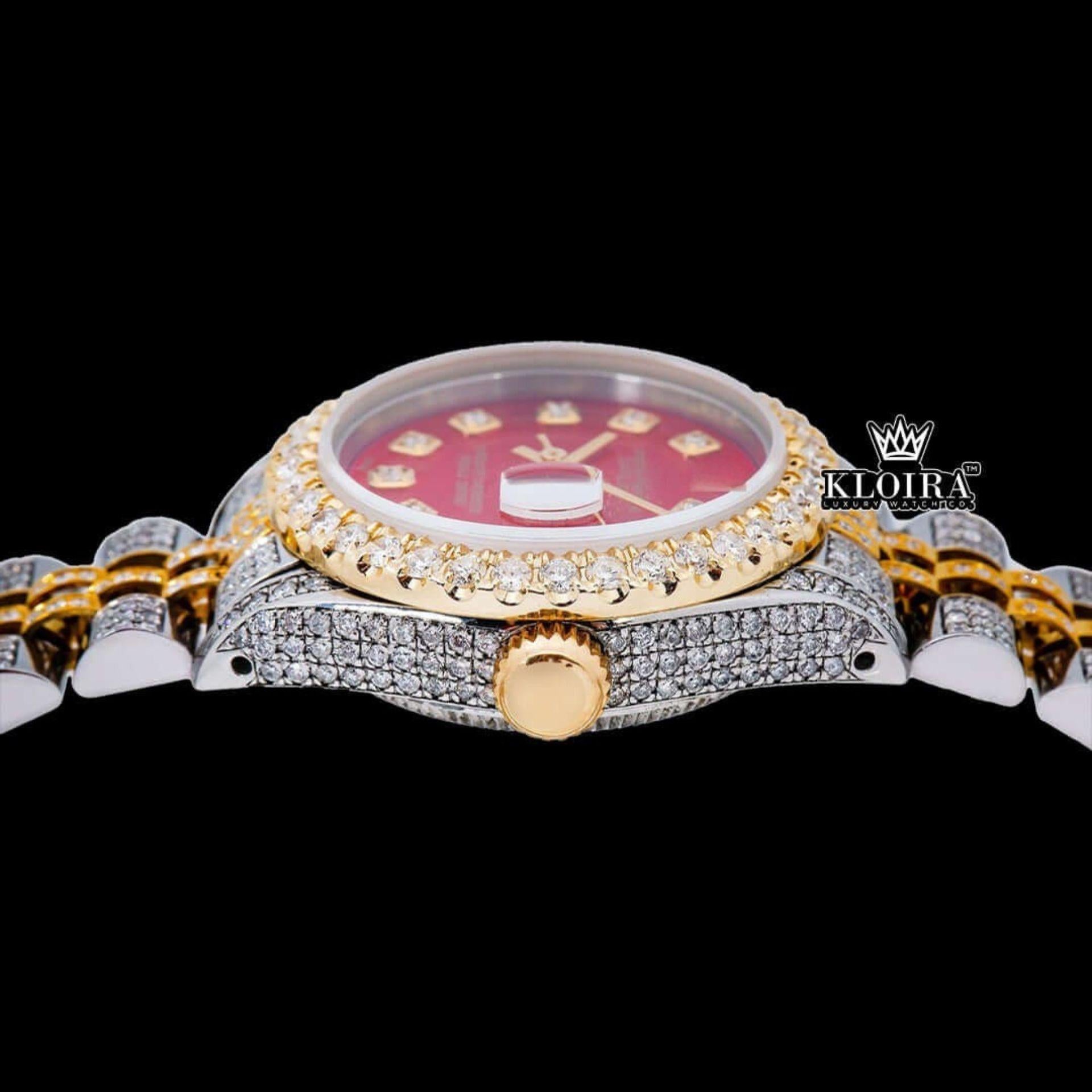Red Dial Diamond Markers Yellow Gold Two Tone Moissanite Diamond Watch Crown View