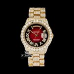 Red Dial Roman Numerals Fully Iced Out Yellow Gold Moissanite Diamond Watch