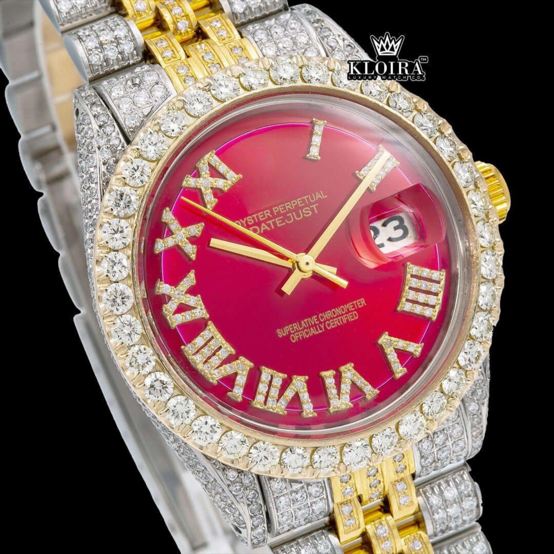 Red Dial Roman Numerals Two Tone Yellow Gold Iced Out Moissanite Watch Close Up Dial View